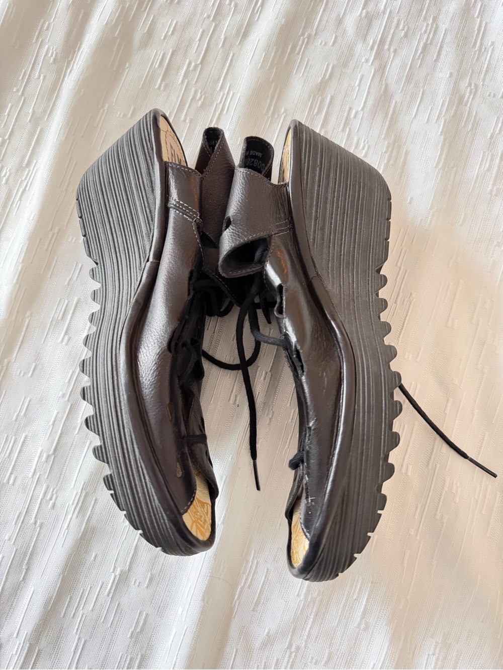 FLY London Ylfa Leather Lace-Up Wedge Sandals Black Sz 41